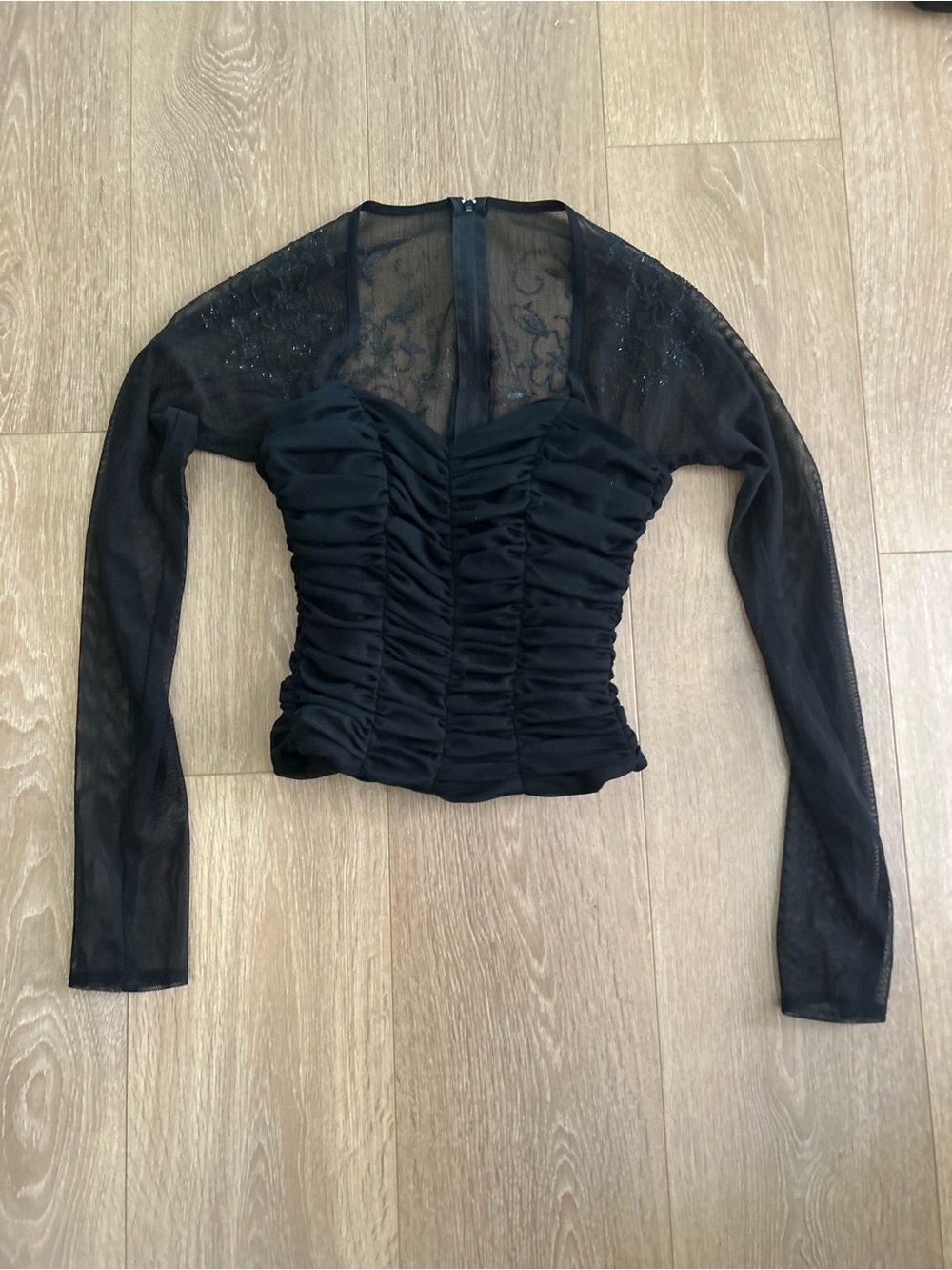 Frank Lyman Design Black Ruched Sheer-Sleeve Top